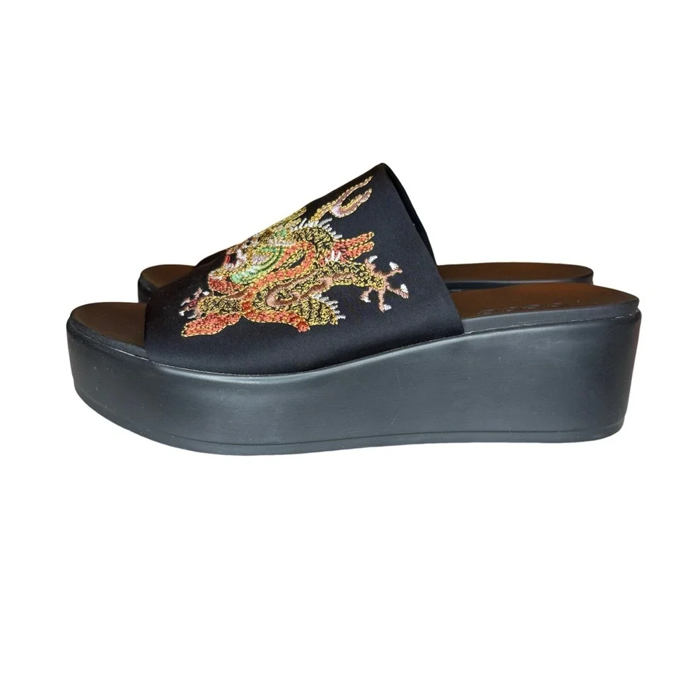 Y2K Bebe Embroidered Dragon Satin Platform Slides Sandals 2000s Rave Size‎ 8
